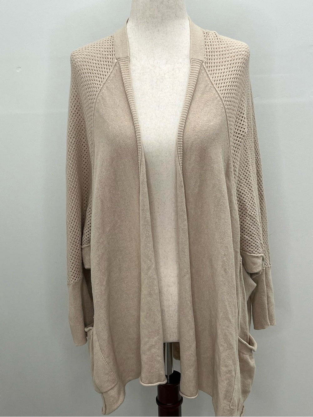 Democracy Beige Angora Blend Open Knit Pocket Draped Open Front Cardigan XL